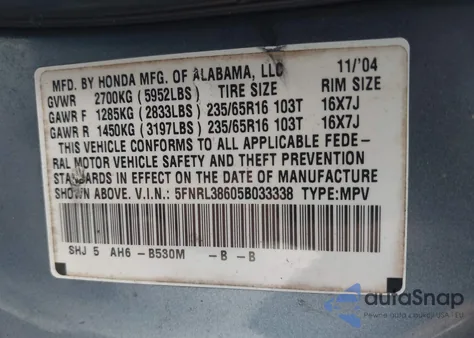 2005 Honda Odyssey Ex-L from USA, damaged, VIN 5FNRL38605B033338